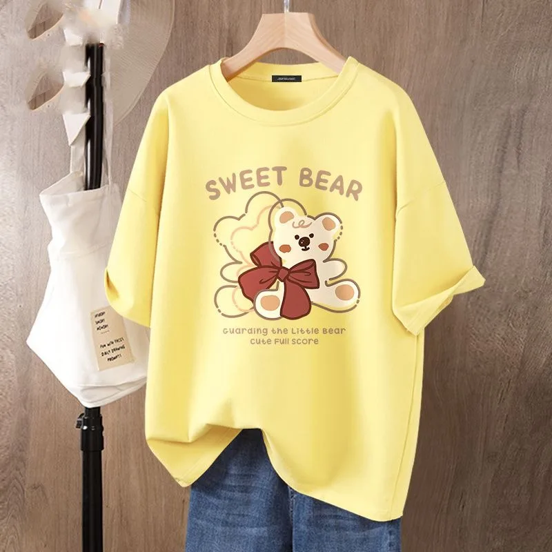 

Women Clothing Cartoon Letter Printed Basic T-shirt, Vintage Loose Casual O-neck Pullovers, Summer Fashion Short Sleeve Top Tee