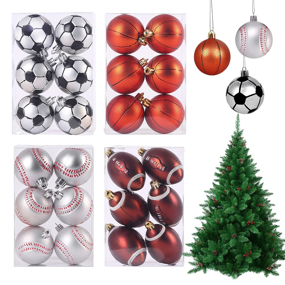 

6pcs/Box Christmas Ornament Ball Sports Theme Classic Football Xmas Ball Decor Christmas Tree Balls Xmas Hanging Tree Pendants