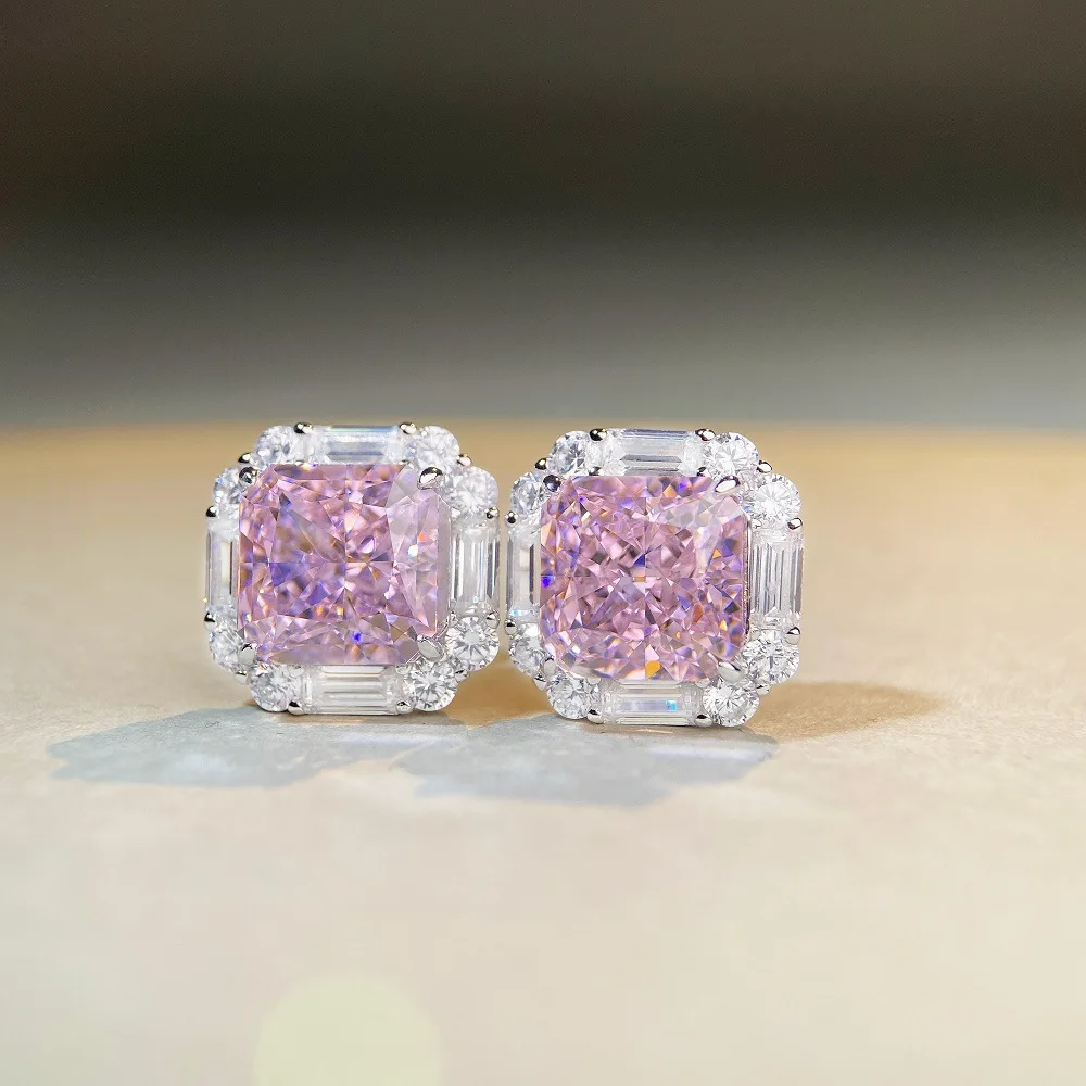 Lynge Jewelry Luxury white gold solid platinum PT950 pink diamond earrings cherry powder ins wind ray dean ice flower cut