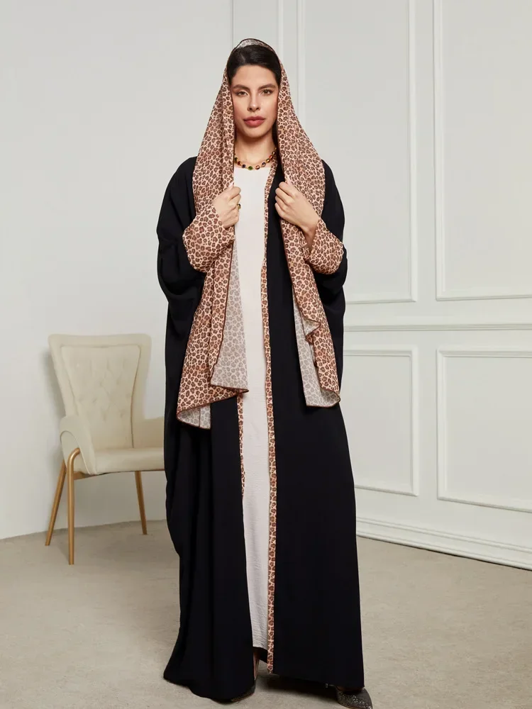 Muslim Abaya for Women Eid Dress with Leopard Headscarf Morocco Ramadan Abayas Kaftan Islam Cardigan Dubai Arab Long Robe 2025