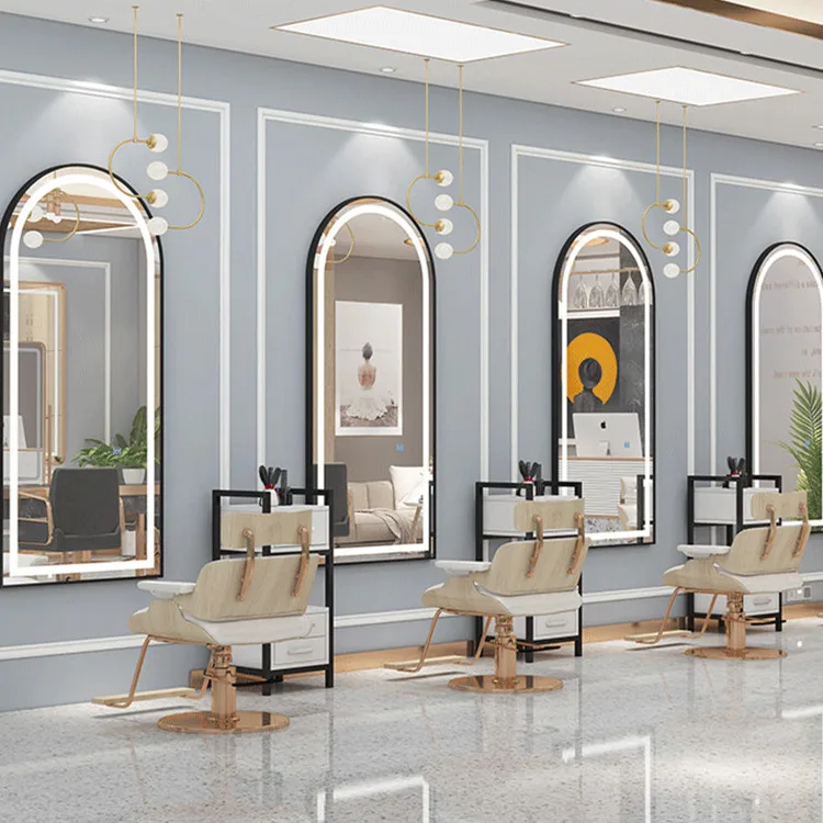 Alta qualidade barbeiro piso de cabelo vertical grande espelho led salão beleza espelho salão preto e ouro cabeleireiro móveis