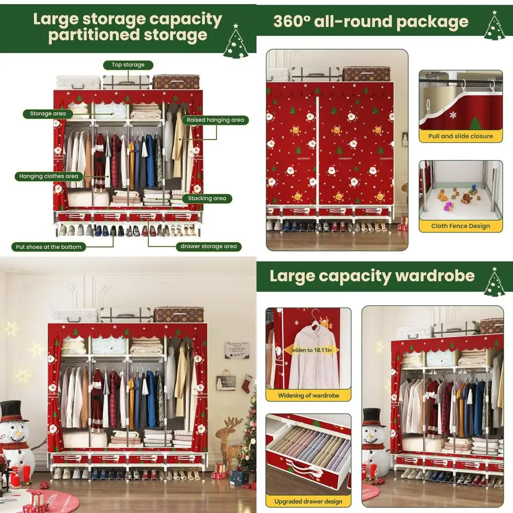 

Compact 4-Drawer Portable Wardrobe in Oxford Cloth with Festive Christmas Theme