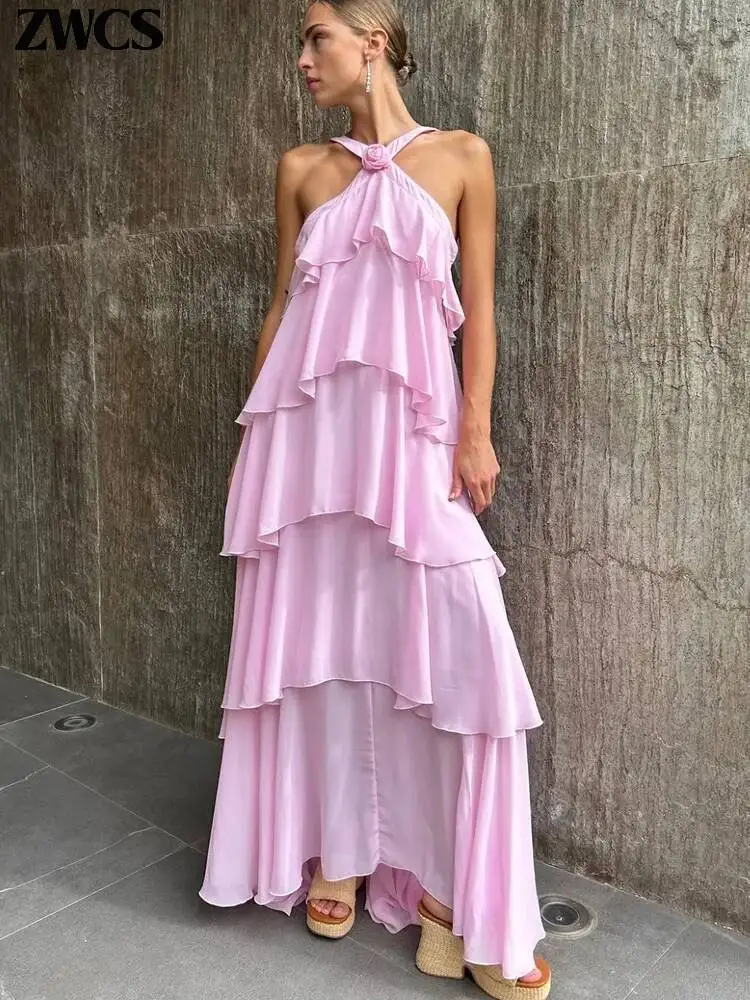 3d flor babados em camadas vestidos femininos elegante chiffon sem costas sem mangas fofo vestido longo 2025 verão nova senhora praia robes