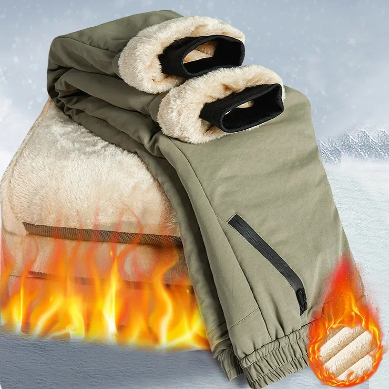 New Male Zip Pockets Winter Men's Pants Thick Fleece Liner Graphene Fabric Knee Warm Straight Casual Pants Thermal Trousers Male