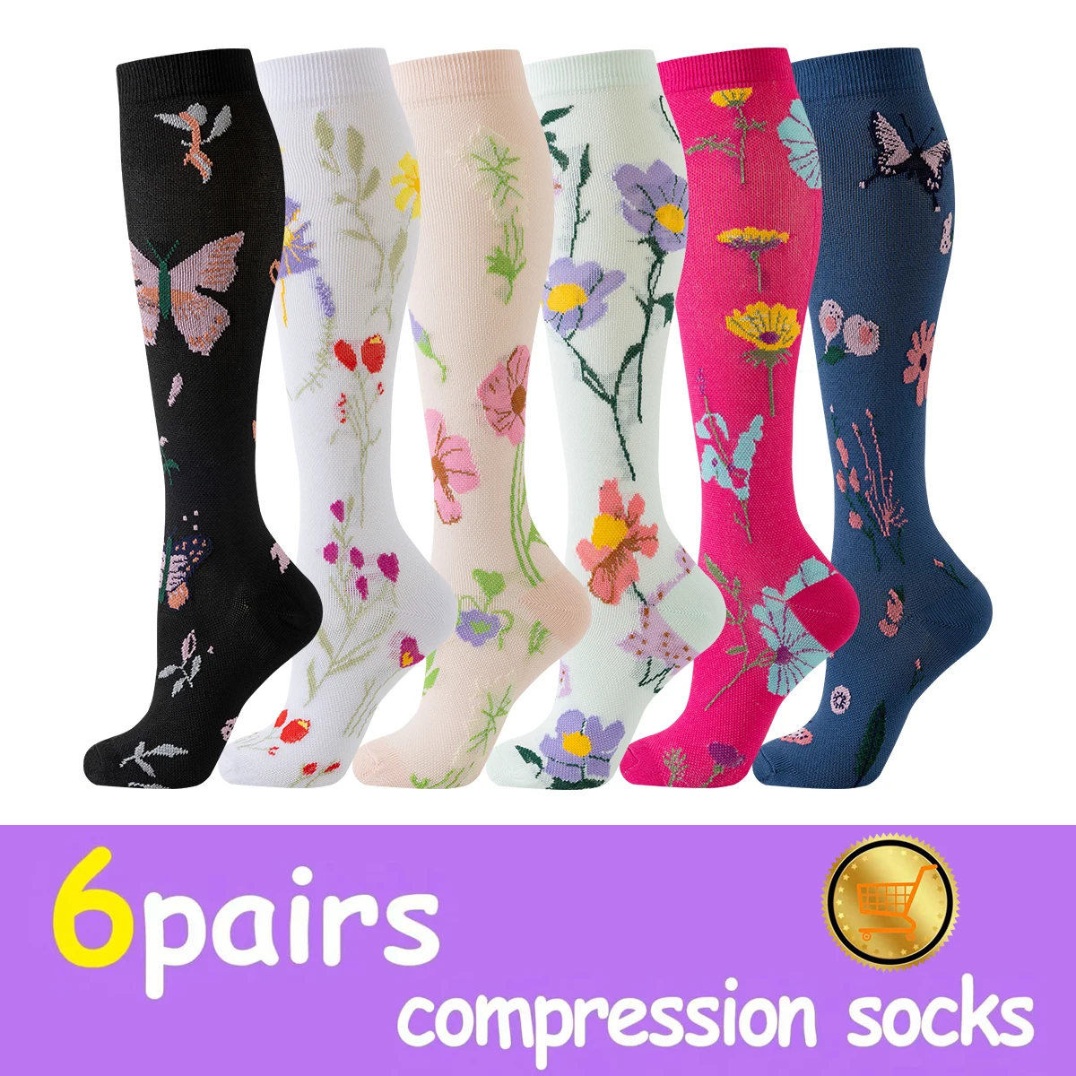 6 ペア花柄圧縮ソックス女性 & 男性ナース卒業圧縮ソックスフラワースポーツストッキング