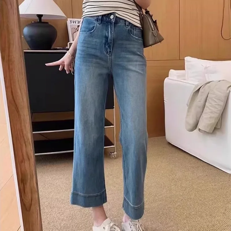Women High Waist Light Blue Cropped Wide Leg Jeans Cuffed Hem Loose Casual Denim Pants