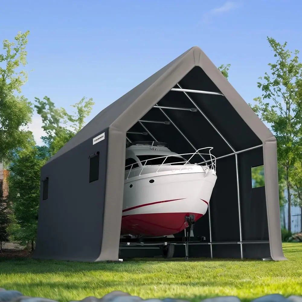 

Прочный карман на колесах длиной 10x20 футов с высоким козырьком для транспортных средств, внедорожников, багажников на крыше и лодок — темно-серый, устойчивый к снегу на открытом воздухе