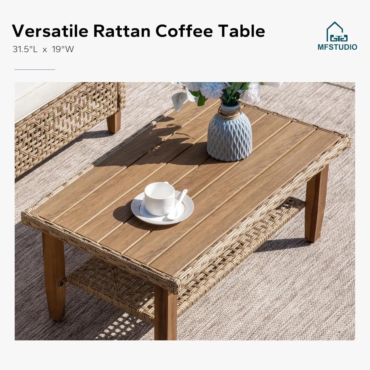 Set Sofa Seksional Rotan Patio 3 Buah, Set Furnitur Sofa Kecil Bentuk L untuk Luar Ruangan dengan Meja Kayu dan 2 Sofa Bangku, 3-Buah
