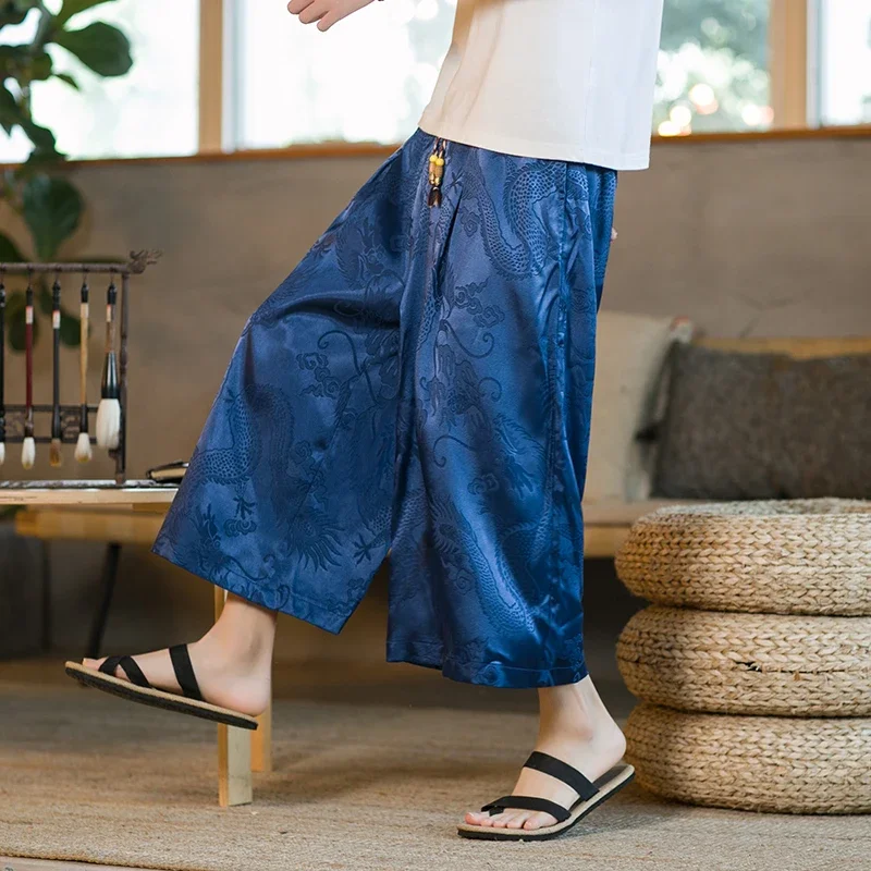 

Chinese Style Summer Thin Dragon Pattern Ice Silk Casual Pants Retro Loose Plus Size Tai Chi Wide Leg Pants Men's Clothing