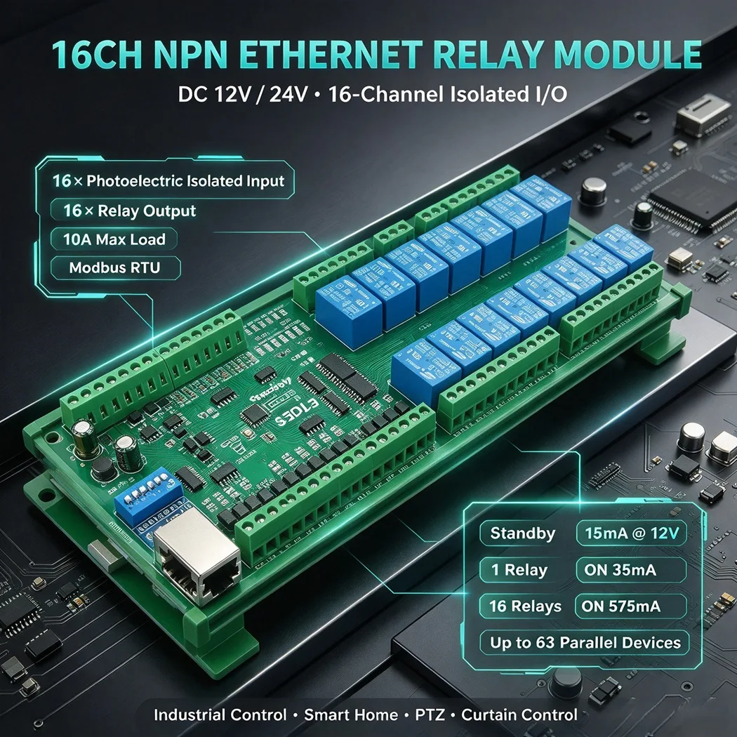 16CH Modbus RTU IO Module RS485/Ethernet Optional Opto-Isolated NPN Input 10A Relay 4-20mA 0-10V AI AO DC12V/24V PLC DIN Rail