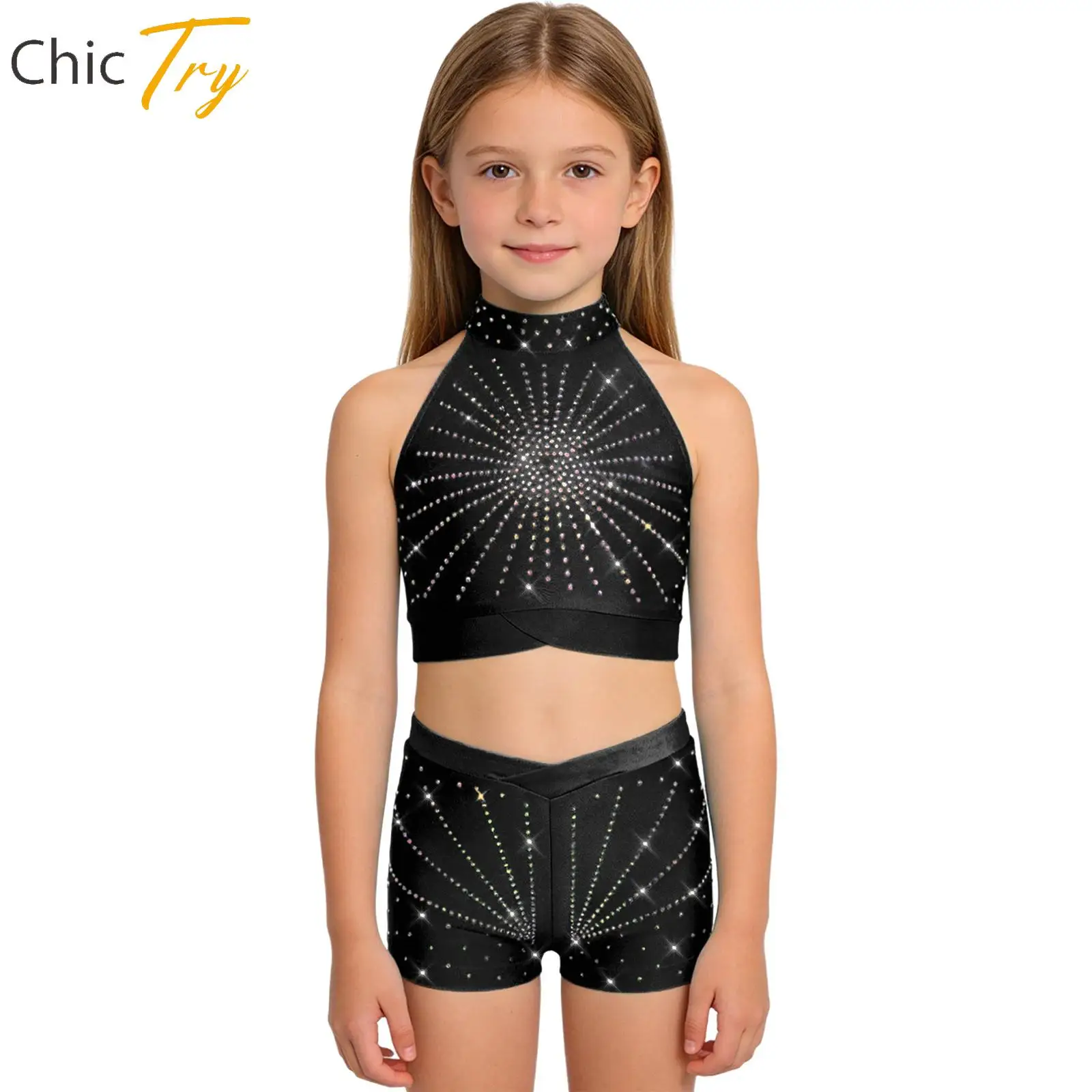 

Ballet Dance Sets for Girls Kids Two Piece Shiny Rhinestone Dancewear Sets Sleeveless Gymnastics Workout Figure Skating Outfits