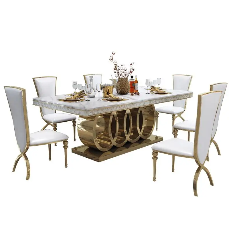 Chic Modern Marble Dining Table & Chairs Set, Sleek Stainless Steel Easy Clean Rectangular Table for Home Hotel Restaurant