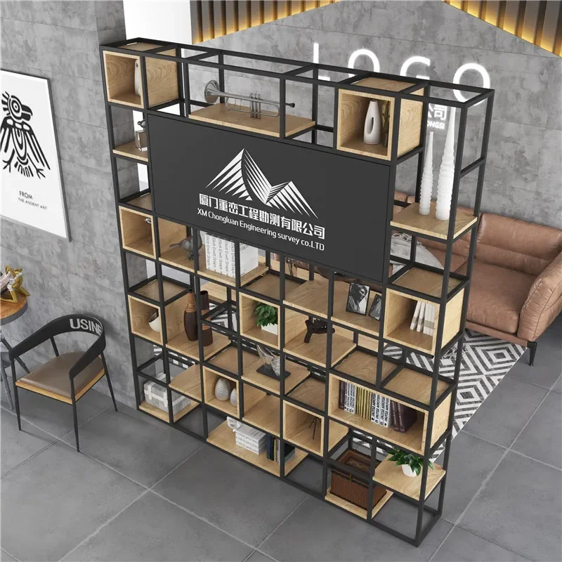 for Wrought Iron Screen Partition Storage Rack for Living Room Entrance Office Front Desk Decoration Cabinet Company LOGO