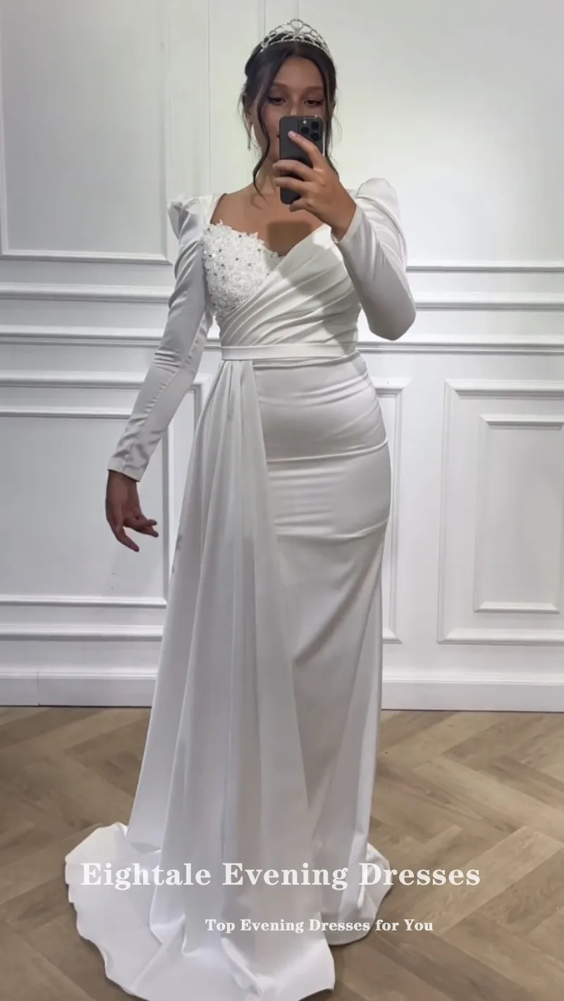 Eightale Elegant Evening Dress for Wedding Party V-Neck Beaded Long Sleeve Formal Occasions Satin Prom Gowns abendkleid damen