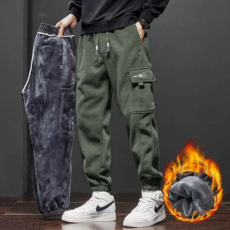 

New Men's Fleece Corduroy Cargo Harem Pants Winter Thickened Warm Loose Streetwear Joggers Trousers Sweatpants ArmyGreen Black