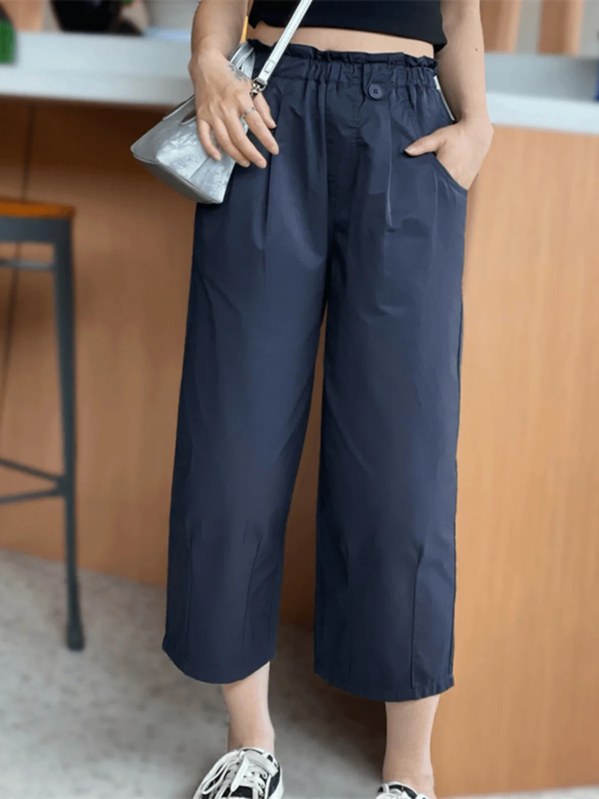 

Summer 2024 Slim Straight Leg Nine-Tenths Casual Pure Color High Waist Wide Leg Pants Women's Trendy High Waist Comfortable Soft