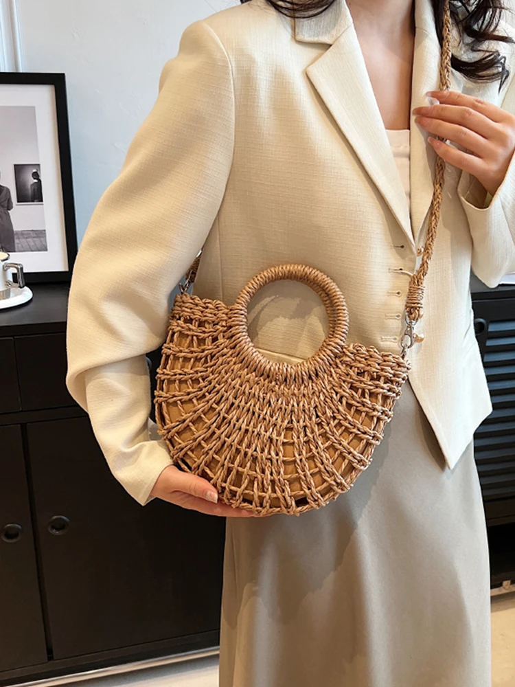 Women Straw Crossbody Shoulder Bag Simple Woven Casual Messenger Bag Solid Tote Bag Summer Shopping Purse Beach Handbag