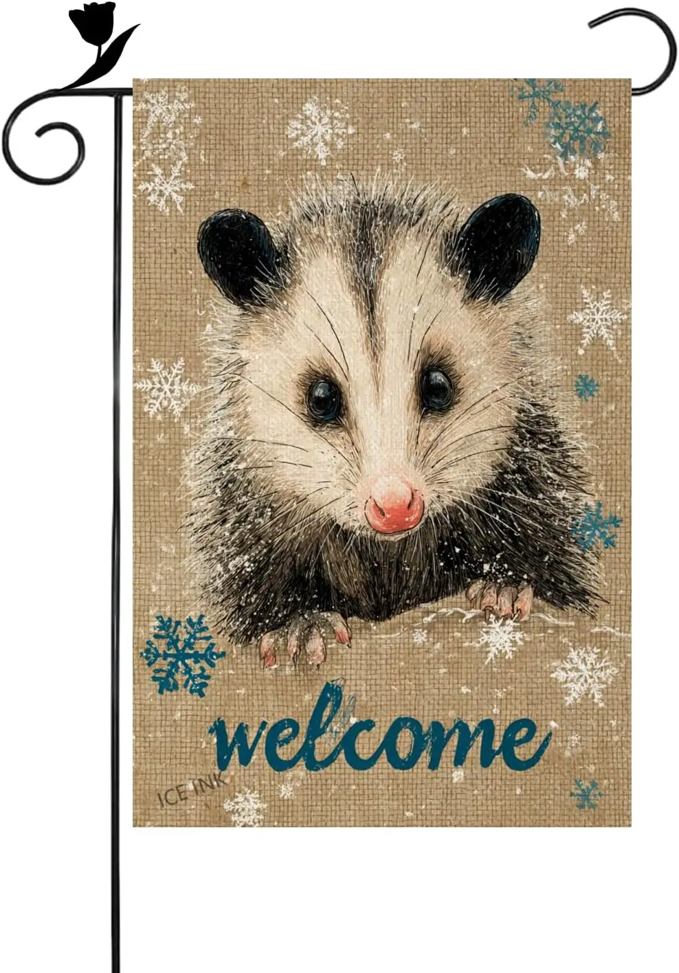 Ice ink Welcome Winter Opossum Snow Flakes 12x18 Inch Double Sided Linen Small Yard Flag House Flags for Outdoor Home Decora llz