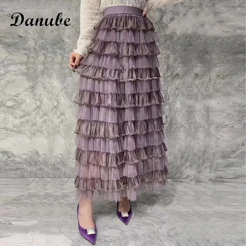 Vintage Ruffles Tutu Tulle Long Maxi Skirt Womens Elegant French Elastic High Waist Puffy Pleated Skirt Female Faldas Aesthetic