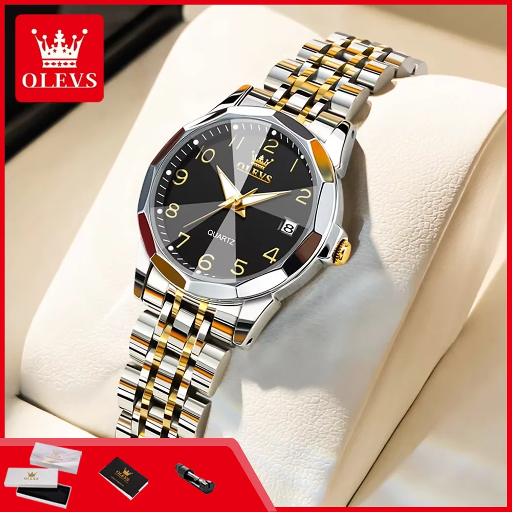 OLEVS 9970 Luxury Quartz Watches for Women Rhombus Mirror Digital Dial Calendar Stainless Steel Waterproof Original Wristwatches