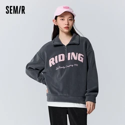 Semir Sweatshirt Women Polar Fleece Loose Letter Embroidery Spliced Fake Two-Piece Trendy Winter Stand Collar Clothes