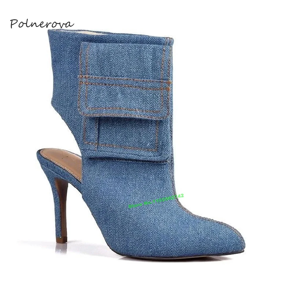 Botas altas de joelho jeans azul para mulheres, botas de salto alto finas, decoração de bolso, banquete de pista, mais recente, 2023