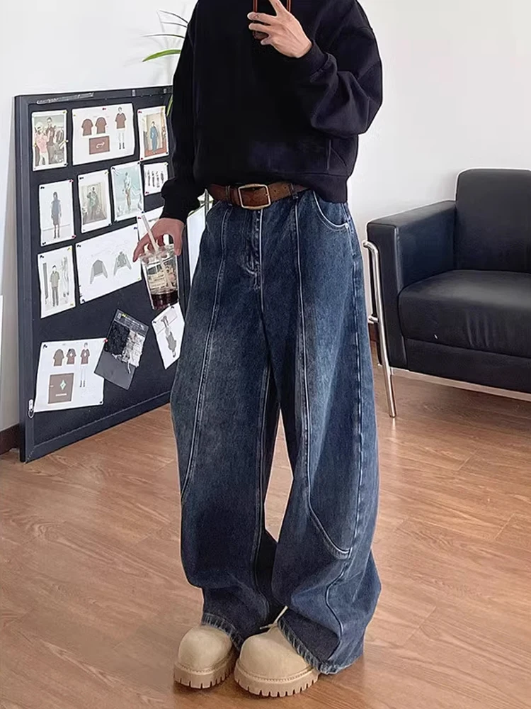 

Retro Blue High Waist Wide Leg Jeans Men Women Autumn Winter Cleanfit Knife Straight Long Pants Youth Trend Cotton Polyester