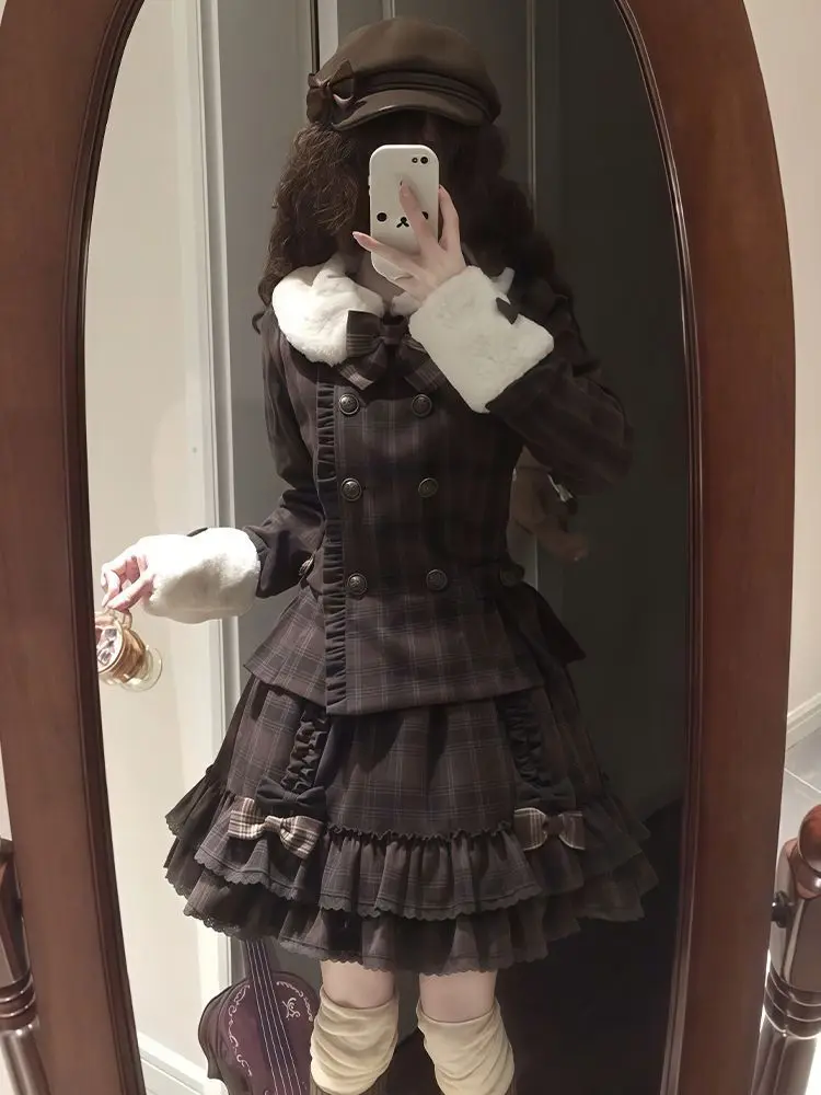 Vintage Sweet Lolita 2 Piece Set Women Cropped Plaid Faux Fur Collar Bow Ruffle Hem Slim Fit Midi Dress Elegant Party Outfit