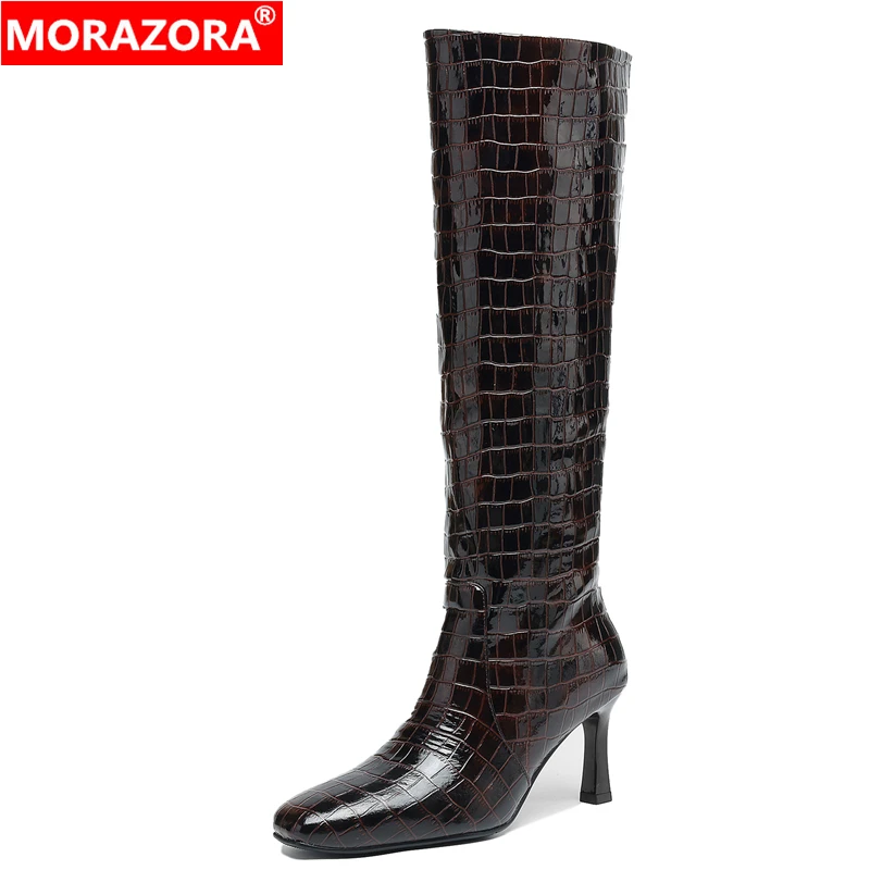 MORAZORA Big Size 34-42 Cow Genuine Leather Boots Stone pattern High Heels Knee High Boots Square Toe Fashion Boots Ladies Shoes