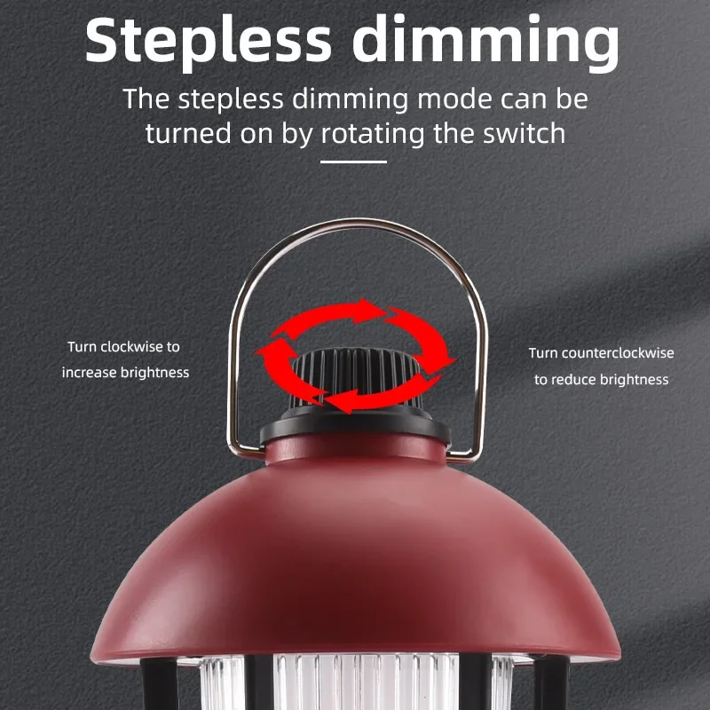 Multifunctional LED Camping Lantern Knob Stepless Dimming Atmosphere Lights Flame Retro Outdoor Camping Light 3 Ligting Modes