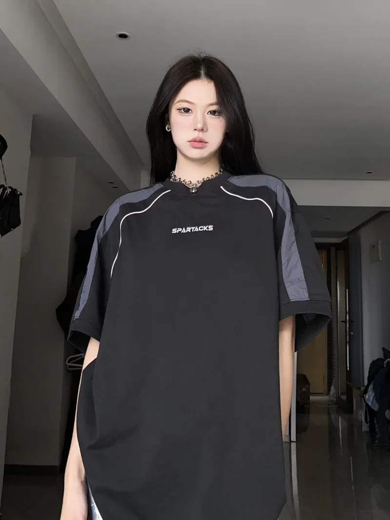 Vintage Black T-shirts Women Oversized Cyber Y2k Korean Streetwear Short Sleeve Tees Hip Hop Style Female Tops Techwear