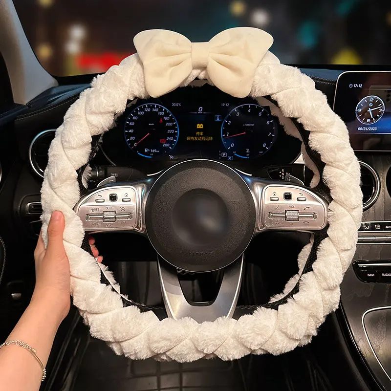 Plush Steering Wheel Cover For Winter Women Warm Fur Handle Cover Cute Pink Bowknot Girls Car Steering Protective Cover White