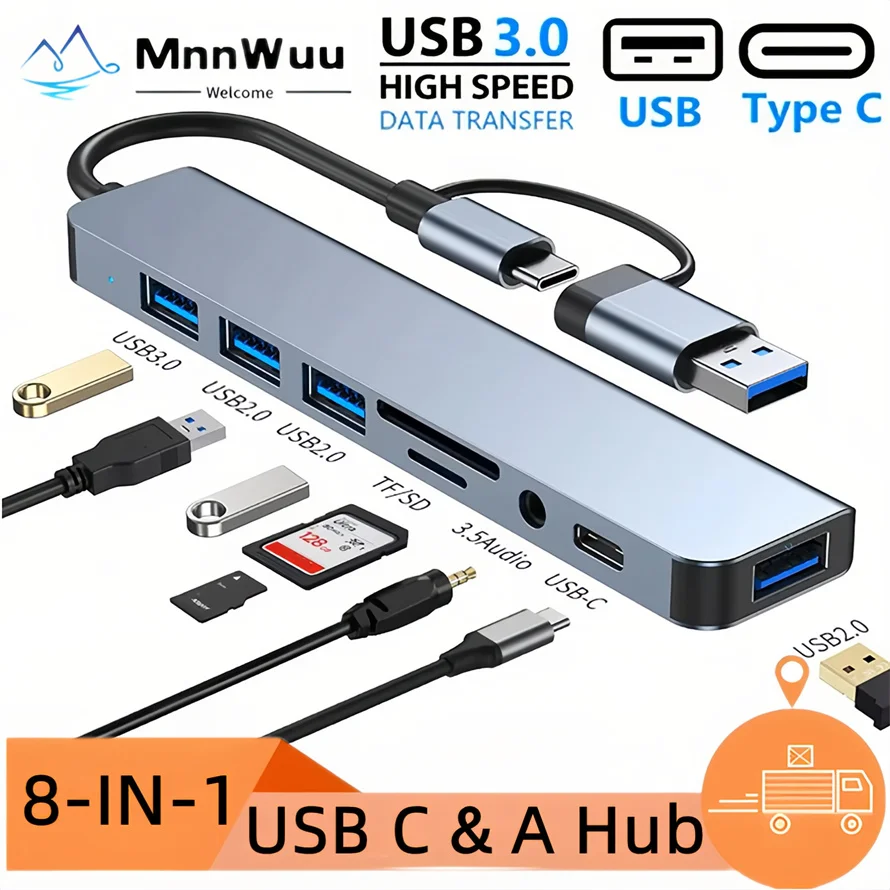 

Док-станция 8 в 1 USB-концентратор USB C / USB A-концентратор со сплиттером для чтения карт, портом USB C, USB 3.0/2.0 SD/TF-сплиттер-считыватель карт