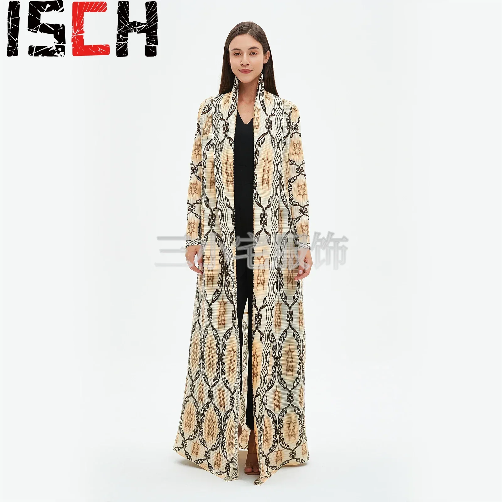 Pieghe pieghettate manica lunga abito stampato frangivento donna 2024 inverno nuovo Designer originale abaya colletto rovesciato cappotti con cintura