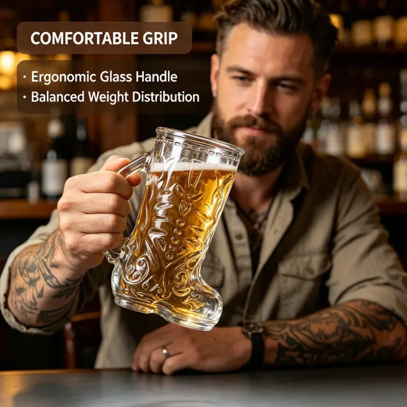 Cowboy Boot Glass Beer Mug 500ml, Western Novelty Beverage Cup, Creative Foot Shape Drinking Glass Bar Party Home Decor Gift