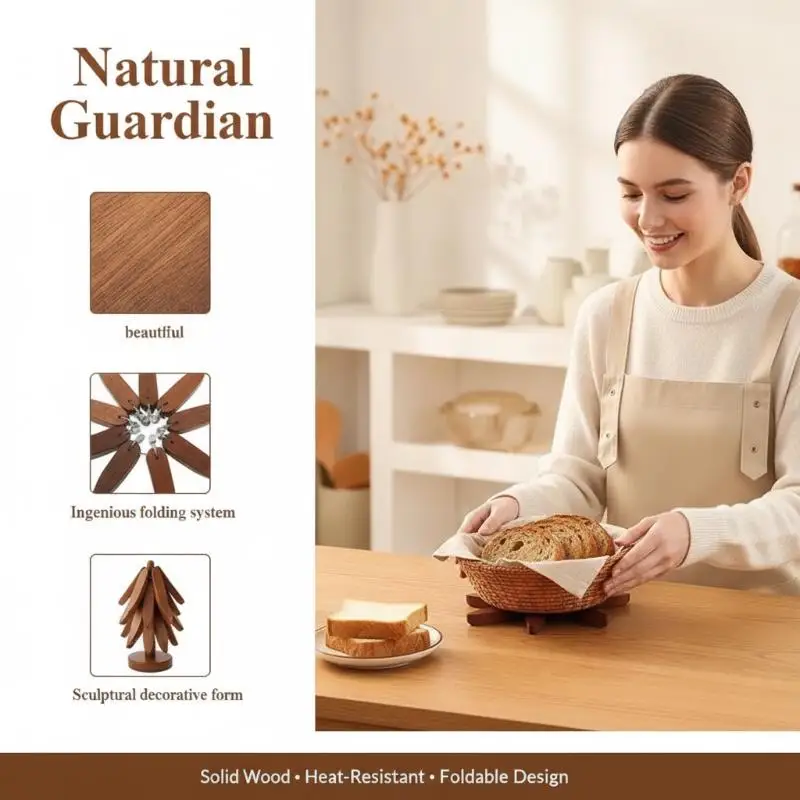 Foldable Wooden Tree Design Trivet Heat Resistant Anti Slip Kitchen Hot Pad Durable Long Lasting for Pans Pots Daily Use