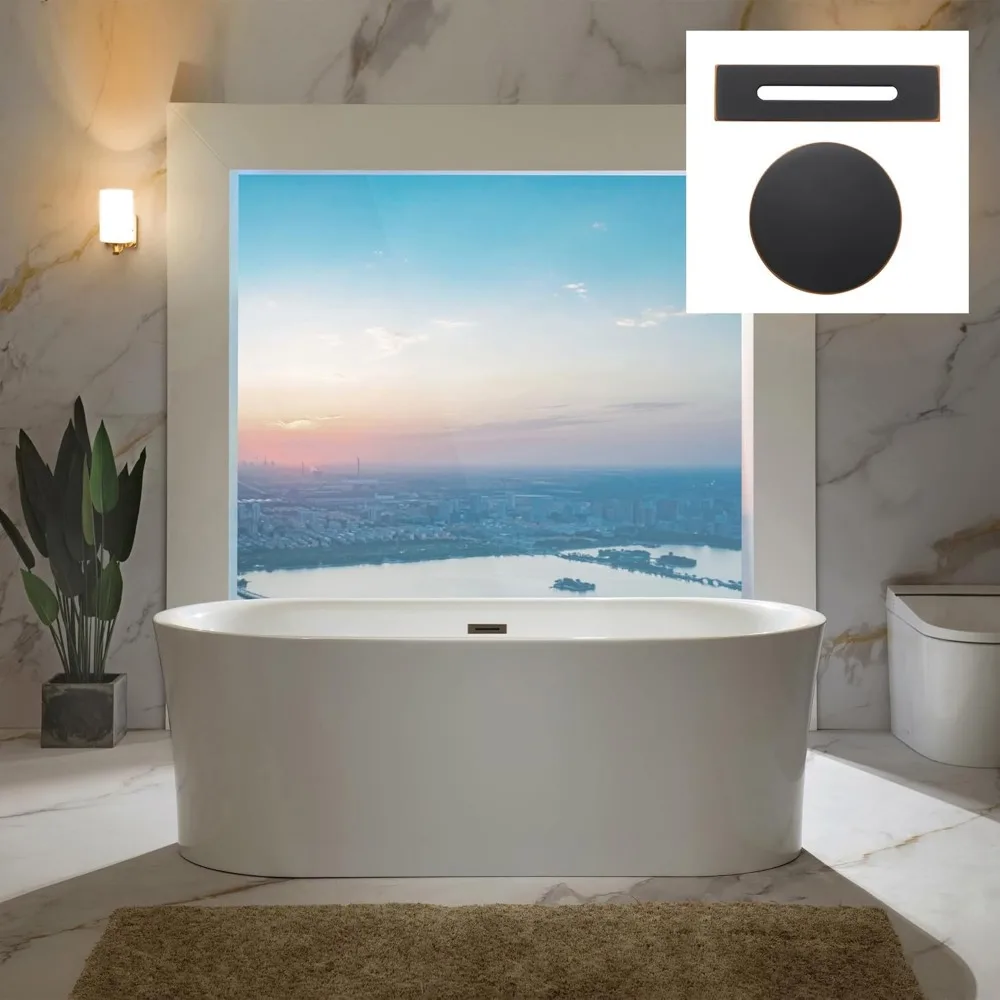 

67" Acrylic Contemporary Soaking Tub with Matte Black Overflow and Drain，Acrylic Reinforced with Fiberglass，Freestanding Bathtub