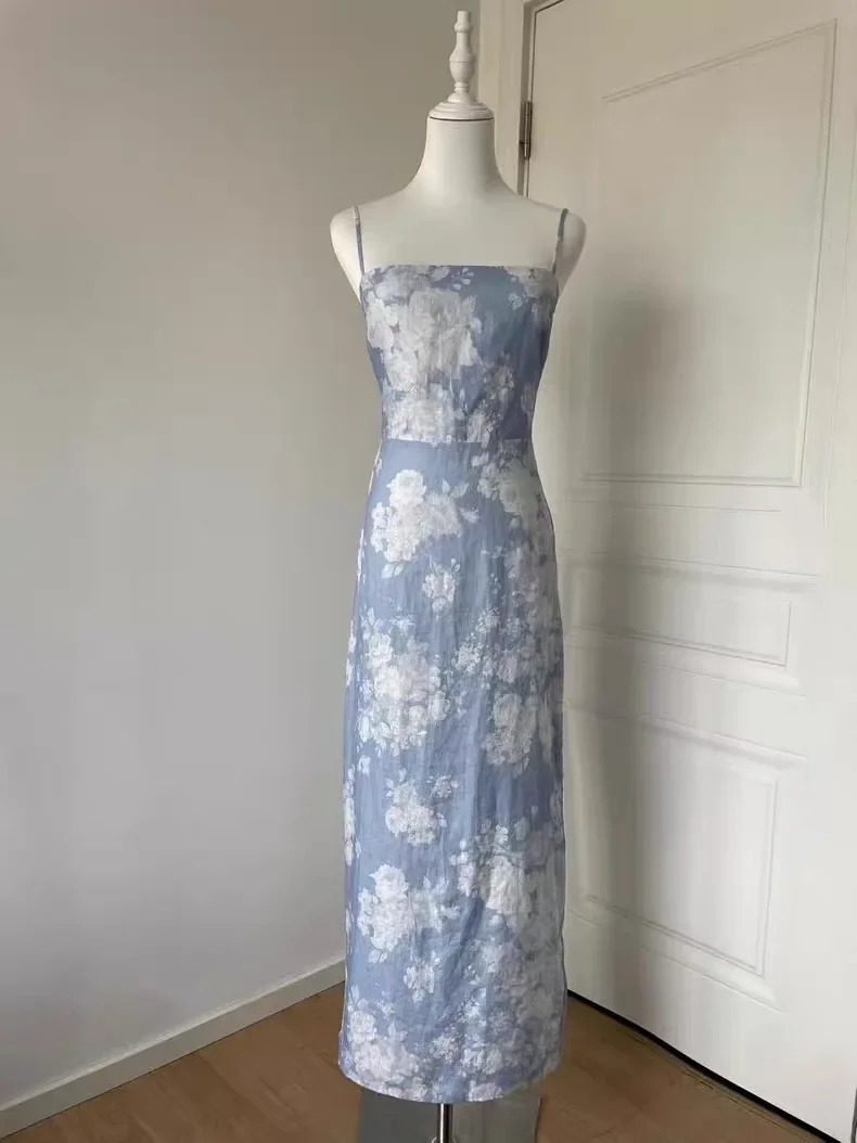 

2025 New Ladies 3 Colors Sling Robe High Split Sleeveless Elegant Female Linen Long Dress