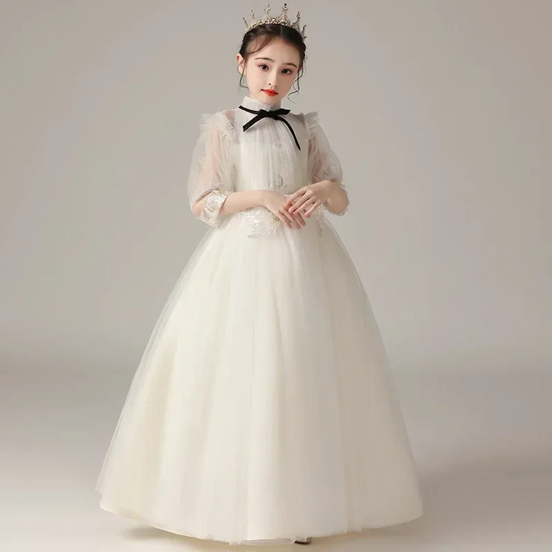 Long luxury dress for girls, elegant formal evening dress from 3 to 14 years old, green color, for wedding party