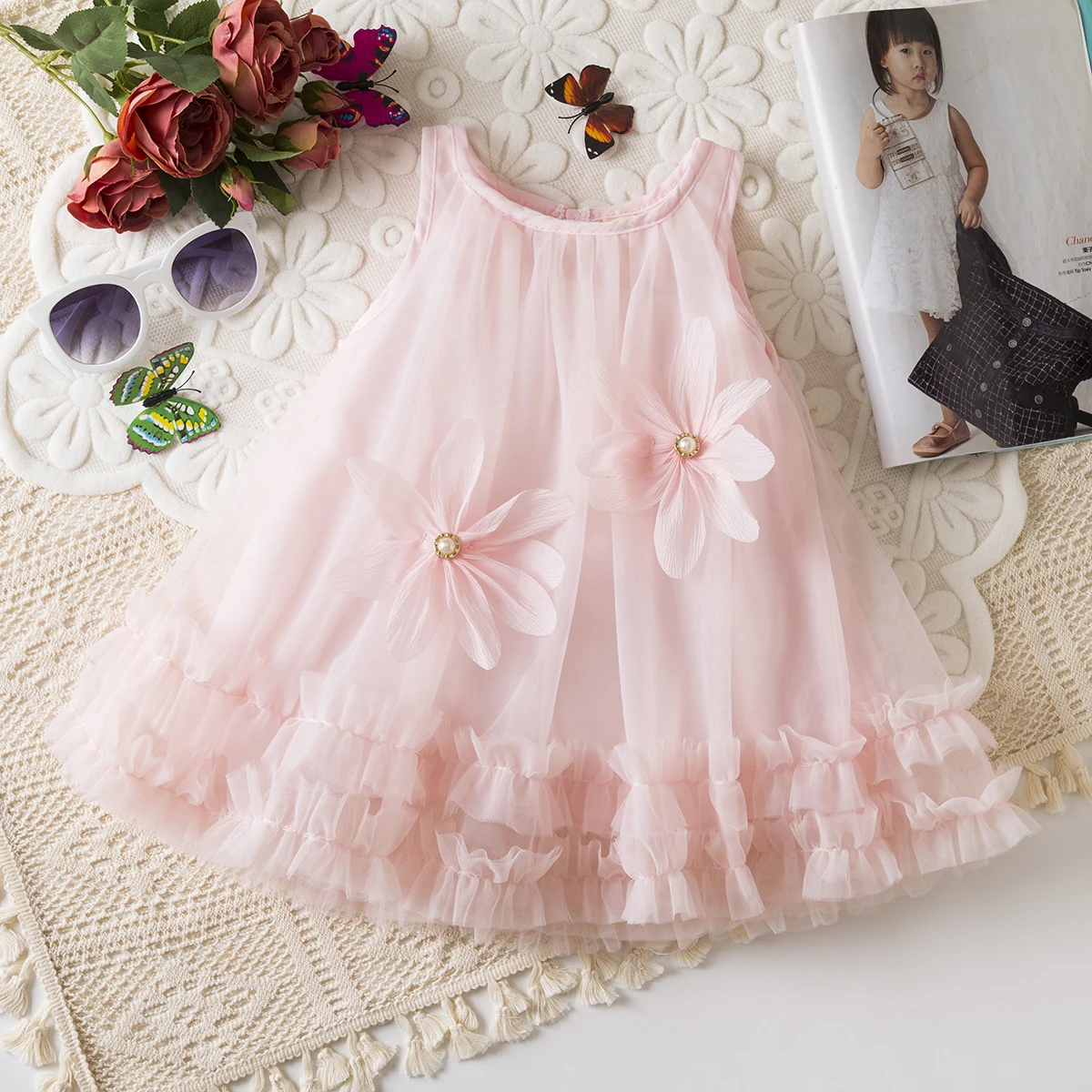 Toddler Girl Princess Dress Pink Flower Decorated Sleeveless Gauze Dress Elegant Girl Wedding Party Dress for Party