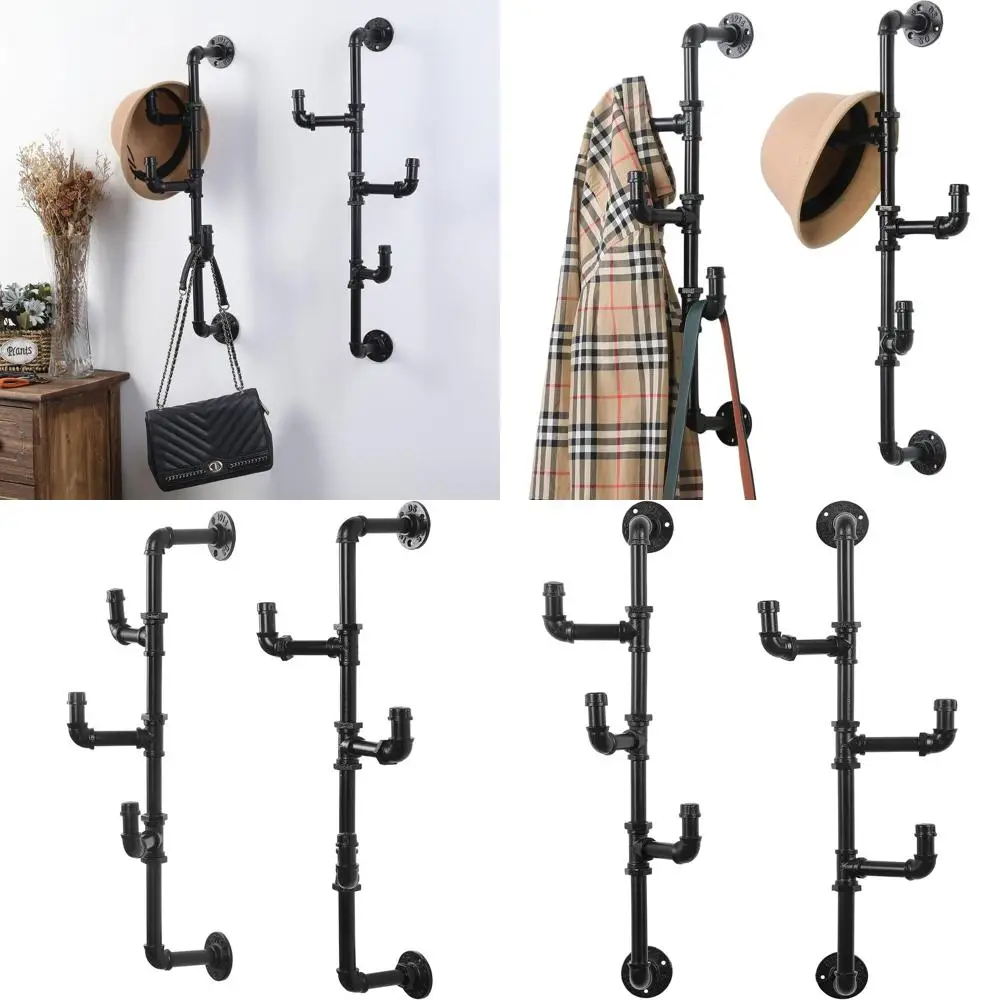 

Industrial Style Black Metal Vertical Coat Rack with 3 Adjustable Hooks, Wall-Mounted Entryway Organizer, Set of 2