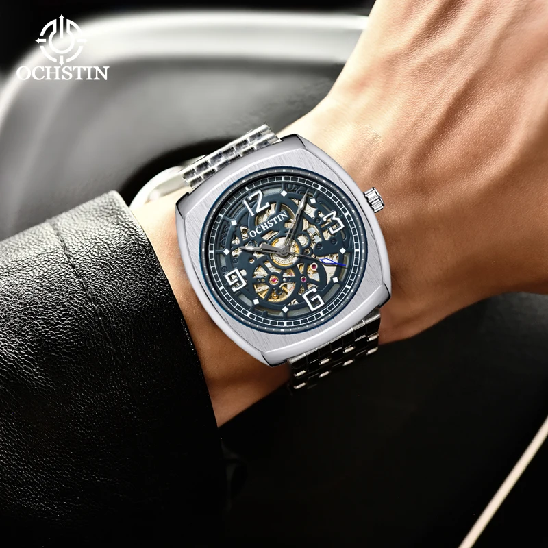 Мужские часы в форме бочонка с полым скелетом, механические часы со стальным ремешком, автоматические мужские квадратные наручные часы, деловой модный стиль