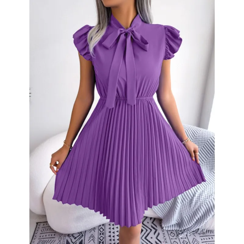 Women's Summer Dress, Short Skirt, Sexy Temperament, Bow Tie Tie, Headband Waist Cinching Big Display, Solid Color Pleated Skirt