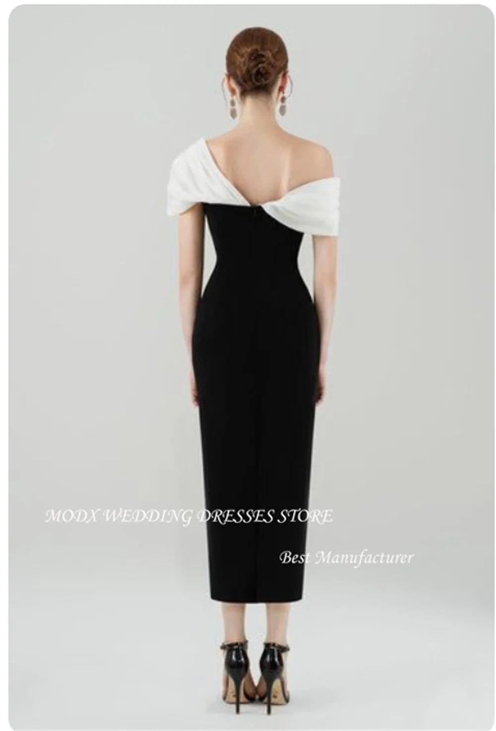 MODX elegancka czarna biała suknia wieczorowa linia A satynowa z odkrytymi ramionami długość do herbaty zakładka sukienka na przyjęcie urodzinowe sukienka koktajlowa
