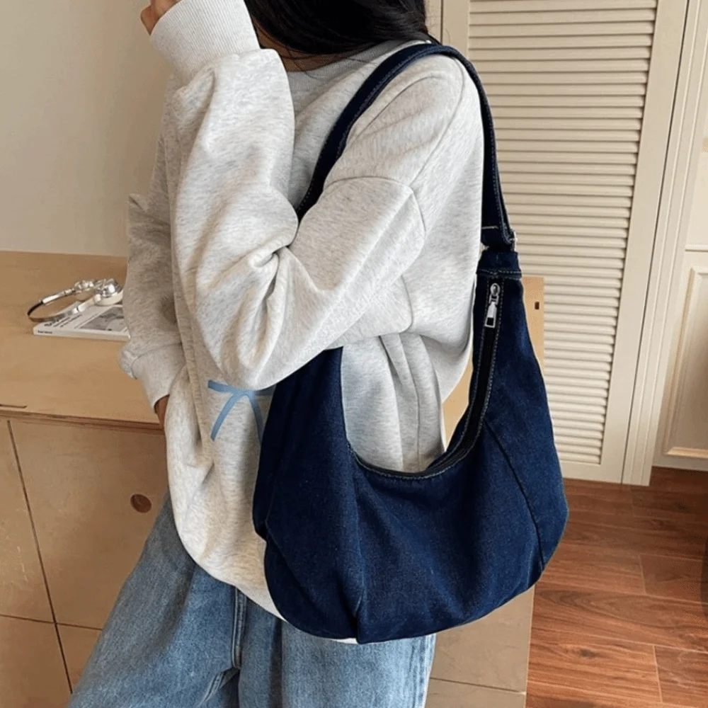 

Повседневная винтажная джинсовая сумка на плечо, универсальная сумка-хобо через плечо на молнии, большая вместительная сумка-портфель для женщин и мужчин