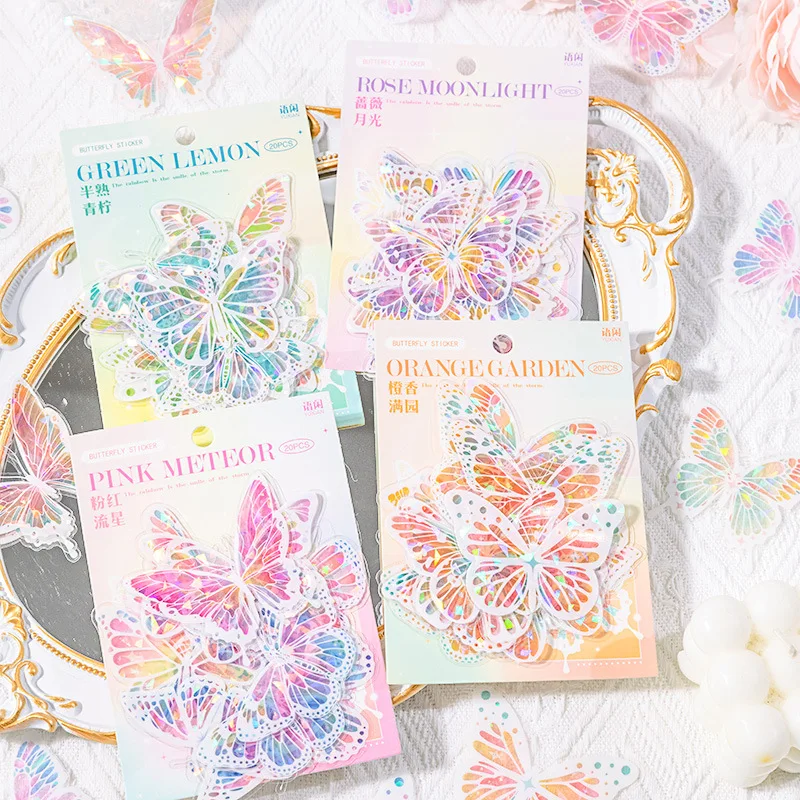 20 Pcs/pack Butterfly Words Series Decorative Sticker Retro Shell Light Collage Scrapbooking Label Diary Album Journal Planner