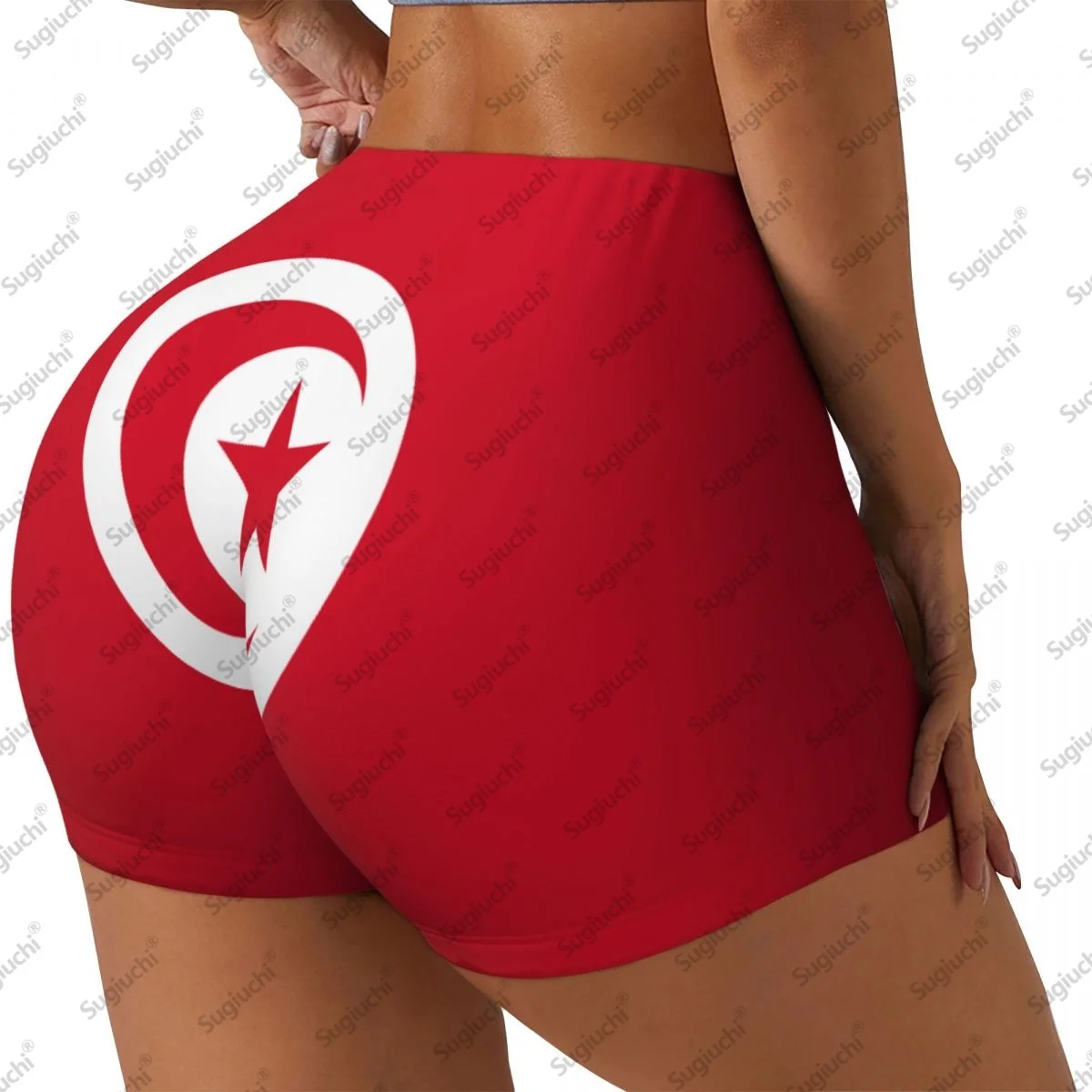 2026年チュニジア国旗柄ヨガショーツ レディース ワークアウト スクランチバットリフティング ハイウエスト ジム ランニング ショートパンツ