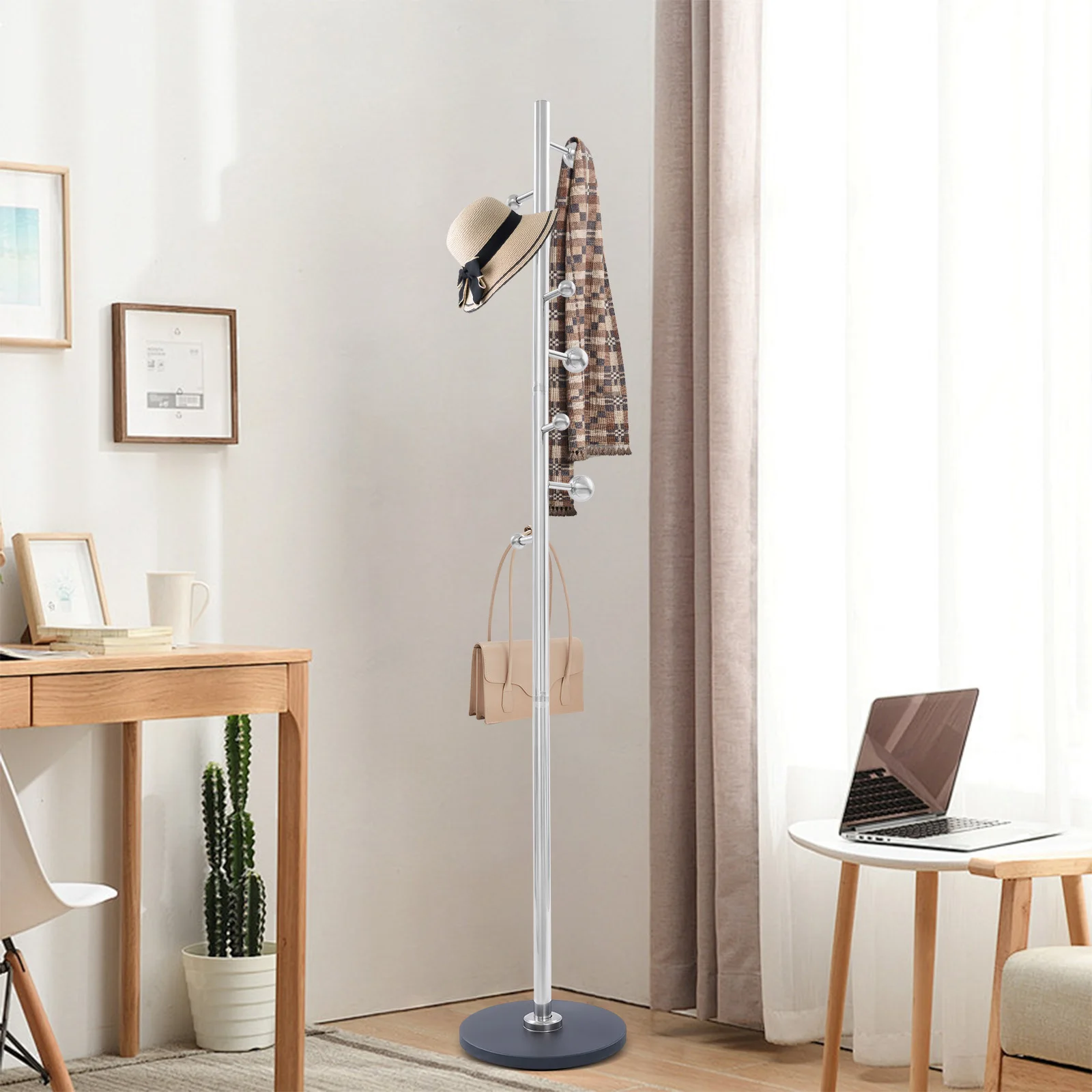 

Modern 8-Hook Coat Stand Black Rock Base Free-Standing Organizer for Hats/Scarves/Bags for Hallway/Bedroom Organization
