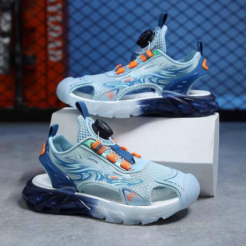 

Детские сандалии с вращающейся пряжкой, модные сетчатые дышащие сандалии с защитой носка, нескользящая летняя новая повседневная пляжная обувь для детей