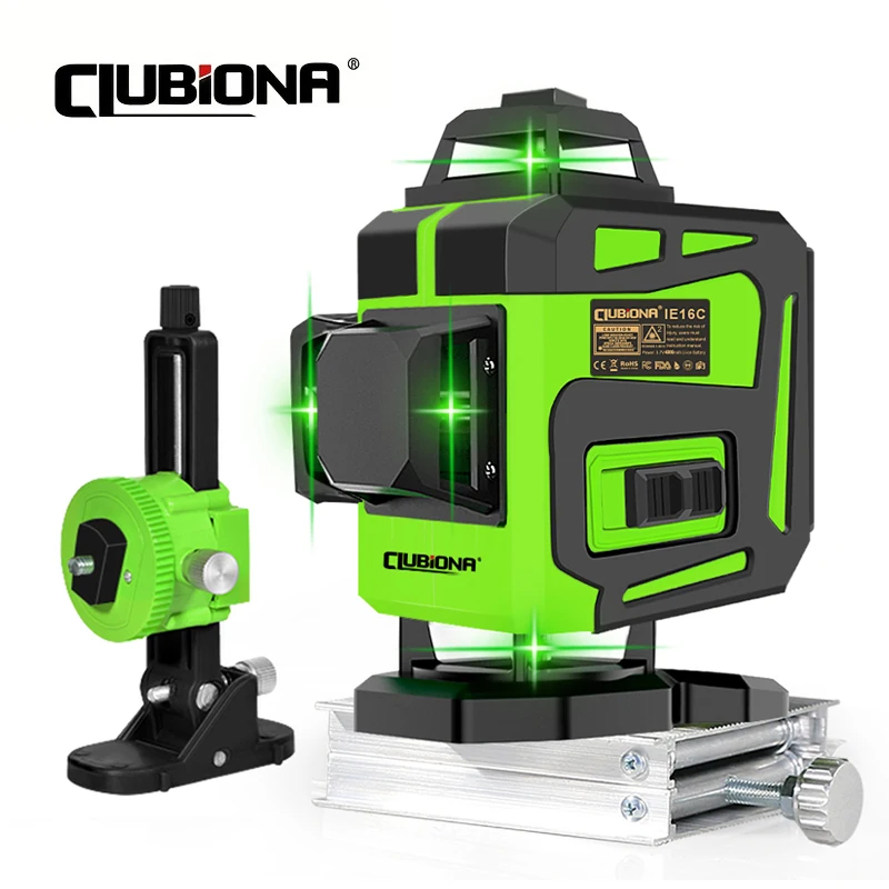 Clubiona 3D/4D 12/16 Lines professional Super Green Laser Level  Cross-Line Self-Leveling Remote Control with 1/2 li-ion Battery